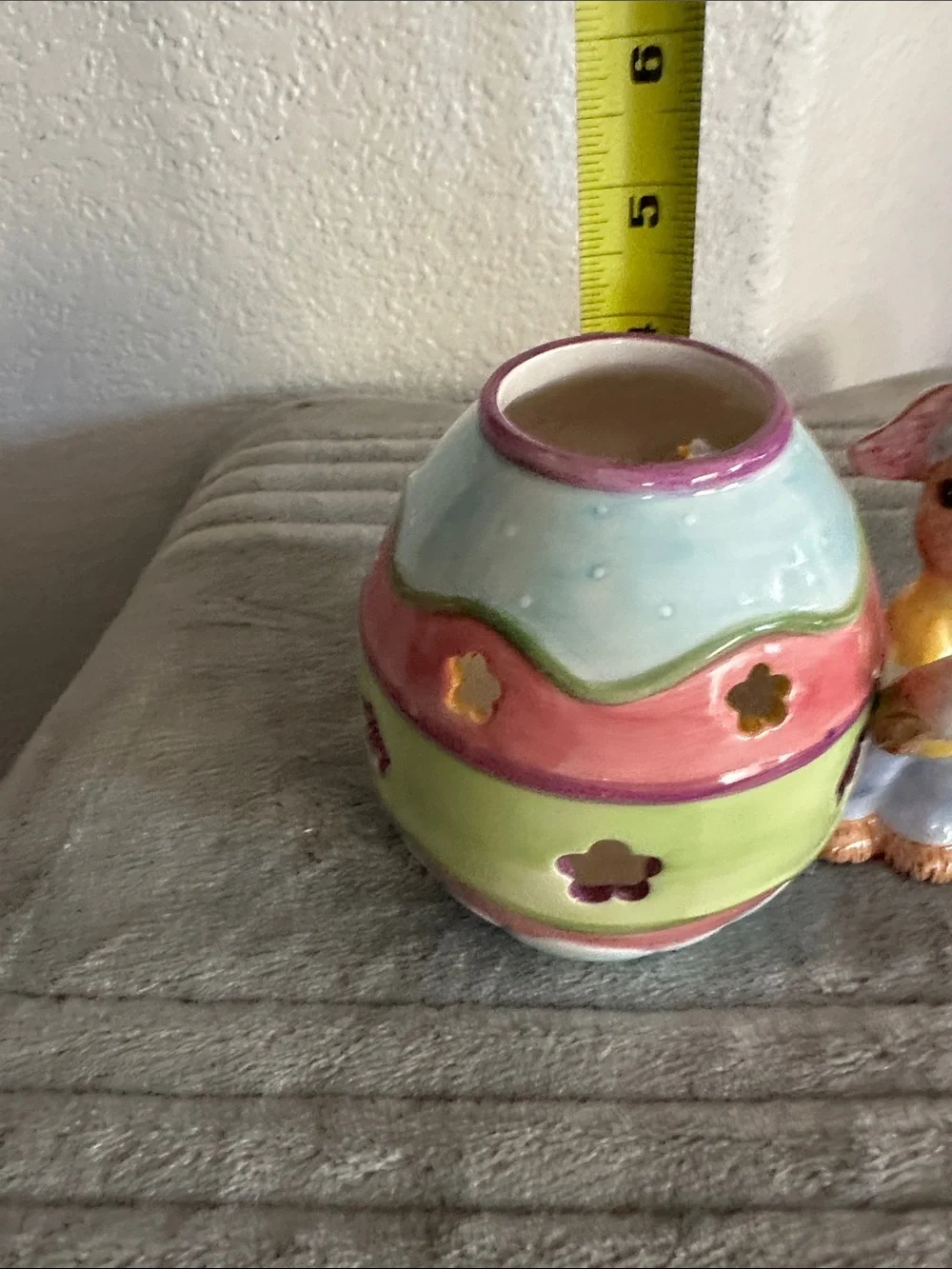 Ceramic Pastel Egg candle Holder with Bunny Figurine - Multicolor